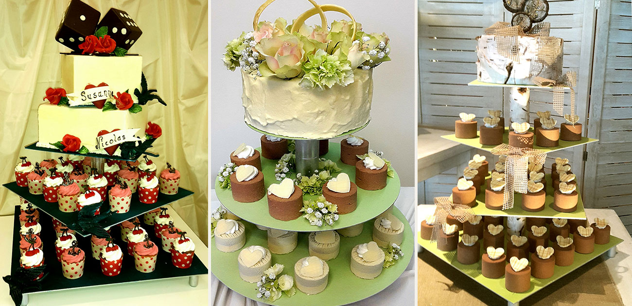 Hochzeitstorte mit Cup Cake und Törtchen auf Etageren